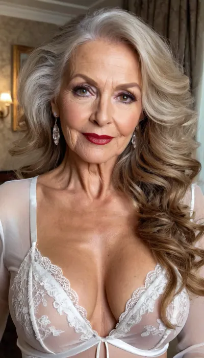 old granny mature, sexy 70 years, dark blonde, long wave hair, tan skin, very glamour, huge hoop earrings, necklace, very strong heavy make up, lipstick, heavy make up coloured on her eyes, strong lipstick, thin, extreme tiny little boobs, super small tits, very tiny small boobs, at the fancy room, selfie face focus, looking at the camera, very cute lovely flirting shy smile face, charming, very hot and horny, sexy white bride long sleeve lingerie, bride costume