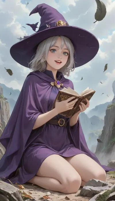 Rating_explicit, score_9, score_8_up, score_7_up, source_anime, anime of 90's style, anime pencil sketch, low angle, beautiful witch holding magic book, kneeling near stone altar altar carved in cliff, ancient runes swirling in air, oversized witch hat floating mid-air, floating scrolls and leaves, wide-open teal eyes, laughing, windswept long silver hair, tattered purple cloak flapping violently, magical tornado coming from book, (sparkling cyan winds), storm clouds on background, vivid colors, electric blue, amethyst, moonlight silver, hat, cloak, supermodel face, big lips, ratatatat74, zzmagicbook, <lora:outline_xl_kohaku_delta_spv5x:1>, <lora:NEOTOKIOXL_0.2_RC:.8>, <lora:ratatatat74-000050:.8>, <lora:cartoon_stickers_xl_v1:.8>, <lora:FantasyIconsBooksXL:.8>