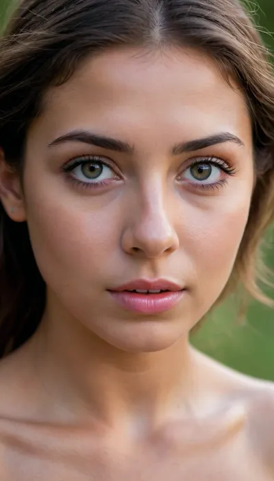 Fotografía de una mujer paisa, de rostro delgado y juvenil, aproximadamente 21 años, de complexión atlética/delgada. . Su cabello oscuro es natural y ligeramente ondulado. Tiene una expresión serena pero con un brillo inteligente en los ojos, una sutil media sonrisa. Su mirada es profunda y analítica. El entorno es tranquilo, quizás un interior acogedor o un parque sereno. Iluminación natural que resalta su apariencia sin maquillaje. Transmite una sensación de autenticidad, lealtad y pragmatismo. esta desnuda