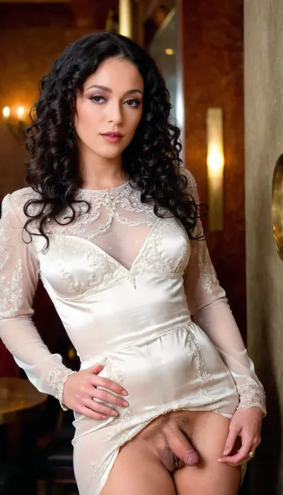 At the upscale restaurant, Hermaphrodite, Melissa's formal long-sleeved dress was also quite slutty, (there is a lot of curly black hair on the pubic area), (visible small penis:1.5), wide steep hips, penis, <lora:skirtLift:.5>, <lora:xpenis-1.5e:.5>