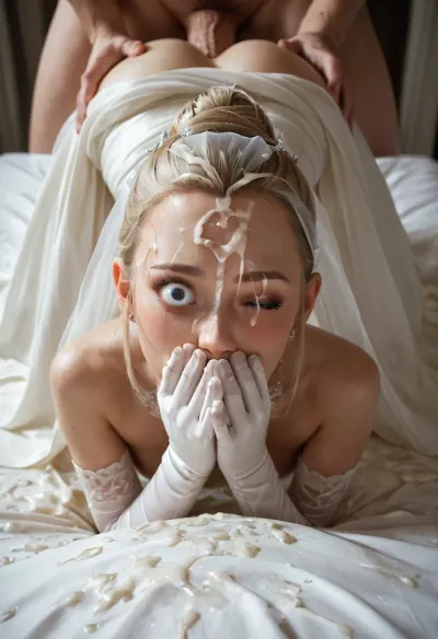 (Wide eyes:1.4), (((hands covering mouth))), (((one eye half closed:1.4))), tongue out, Blonde hair, hairbun, wedding dress, white elbow gloves, white stockings, wedding skirt lifted over ass, innocent, (cum on face), skinny body, petite, (((cum on forehead))), excessive cum on hair, (cum on clothes), cum covered face, excessive cum on ass, cum in mouth, cum on chin, cum in eyes, (((side diagonal view))), (((fucked from behind:1.6))), bedroom background, (((face down ass up))), laying on bed, 3/4 view
