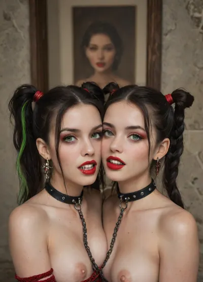 (((two 18 year old vampire girls))), dark green eye, one with black hair with rainbow hair, pigtails, red lipstick, vampire, vampire teeth, in a castle, bound in chains, pale skin, pale, skin, full body, <lora:Pale_Skin_SDXL_v1.0:.8>, 4ng3l, face, <lora:SDXL_BetterFaces-LoRA_v1:.8>