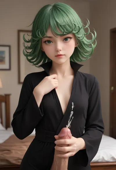 Tatsumaki, Tatsumaki from obe panch man, Tatsumaki clothes, 19 years old, orgasm, smart face, cute, sexy, giant tits, front view, masturbation