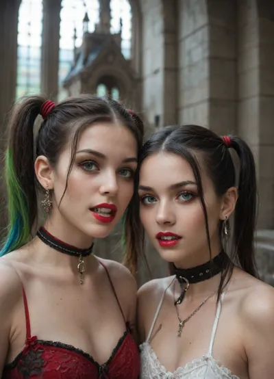 (((two 18 year old vampire girls))), light green eyes, dark green eyeshadow, one with black hair with rainbow hair, pigtails, red lipstick, vampire, vampire teeth, in a castle, bound in chains, pale skin, <lora:AzaleaXL2:.8>