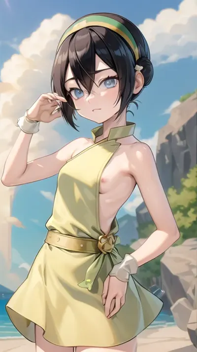 (masterpiece, best quality:1.2), lyco, (atla_tophbeifong-10:1), cowboy shot, solo, 1girl, well build gymnastic figure, toph beifong, blind, expressionless, short hair, hair bun, hairband, grey eyes, (little_girl), ((absolutely naked)), masterpiece, best quality, 360 degree view, (simple backgound), <lora:atla_tophbeifong-10:.5>, <lora:TOPH-V2:.5>, <lora:character-sheet-03:.7>