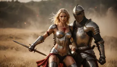 La victoire d'or : le crépuscule d'un champ de bataille - passion au milieu du chaos

- Oui.

À la fin de l'après-midi d'été, baigné de rayons de soleil dorés, un chevalier blond mince, à poitrine plate et sexy se tient victorieux au milieu des restes d'un champ de bataille brutal. Son armure est brisée et déchirée, son corps couvert de sang et de sueur. Dans un moment de passion, elle s'engage dans une rencontre sexuelle vigoureuse avec un chevalier fier, leur corps entrelacé dans le chaos. La scène se déplace vers différentes positions sexuelles, le champ de bataille détaillé s'estompant dans le flou. Avec des visages parfaits, des mains parfaites, ils célèbrent leur victoire à travers des moments intimes, culminant dans un point culminant qui fait écho à leur triomphe. L'accent reste mis sur le couple, toute l'image conçue pour créer une atmosphère dramatique contrastée par la brutalité de la bataille.