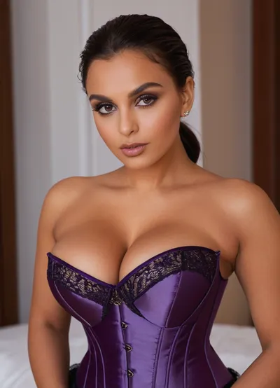 (Masterpiece, 8k, ultra realistic, high quality photography, hdr, High resolution, perfect image composition), Mark Dorcel porn movie, The image shows a woman with very striking features and a glamorous pose. The woman has a full face with high cheekbones, a strong jawline, and full lips. Her lips are a noticeably glossy light nude pink. Her eyes are large and almond-shaped with intense gray or light blue-gray irises and dark, winged eyeliner. Her eyebrows are well-defined and arched. Her skin is tan and appears smooth. She has a very dramatic makeup look with contouring and highlighting emphasizing her features. She is posed slightly angled, facing forward but with her head turned slightly to her right. Her body is angled and her expression is confident and suggestive. Her arms are bent, and she holds long velvet gloves close to her chest. The pose is meant to be alluring and elegant. She wears a purple satin and lace corset-style bodice. The corset is a deep, rich purple and features delicate lace detailing on the cups and waistline. It is a strapless style, accentuating her figure. The woman's body is clearly visible, with a focus on her ample cleavage and sculpted figure. Her shoulders are bare, and her upper body is presented in a way that is sexually suggestive. Her skin tone is consistent throughout and appears healthy and smooth. She has a tattoo in Arabic script visible on her upper chest. She is wearing long velvet gloves that match the color of her lingerie. The styling is deliberate and creates a dramatic, impactful visual. The background is a solid, pale pink, which further enhances the focus on the subject, large, breasts, big, boobs, huge, tits, dark, skin, <lora:bombshell_v2:.8>, <lora:SDXLHighDetail_v6-000005:.8>, <lora:Darker_skin_SDXL:.8>