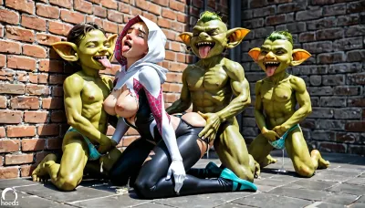 gang gremlin monster, (spider-gwen, super_hero_suit torn clothes, (areolae), , , (ahegao), , , (cum_on_tongue), , , (fingering_through_panties), , , (kneeling), , , wall:1.13), all of gremlin men are half size, houndreds of gremlin fuck woman, hyper huge gremlin flaccid cock, gremlin fucking her pussy and her ass, ass up, she has closed eyes, blush, full lips, gremlin cock in pussy and ass, gremlin gangbang in a dungeon, doggy style, woman has perfect anatomic body, extremely realistic, extremely real face, beautiful face, (monster green gremlin:1.3), groping body, (gremlin half size:1.3), multiple gremlin, surrounded by half size goblin, moaning expression, goblins lick her, multiple hands on her body, sexy shirt, deep cleavage, she has beautiful face, grab her tits, caresses, full body view