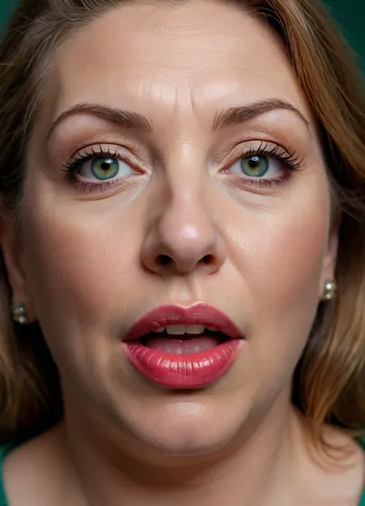 Photo of a pretty obese woman with beautiful eyes, ((Nikon Z8)), realistic matte skin, wrinkles, skin texture visible, (sharp focus), (high quality), (face visible), ((Detailed Face and Eyes)), ((Armenian woman)), ((full-frame photo)), lustful eyes, (long light brown hair), (highly detailed hair), (realistic), soft focus, analog look, insanely detailed, highest quality, green eyes, looking at viewer, (mouth open:1.3), (realistic:1.3), (shadows:.9), film camera, analog, photo, film grain, realistic face, full lips, perfect chubby face, Photo of a 65 year old mature woman, <lora:chest_adjust:.7>, <lora:add-detail-xl:.8>, <lora:DetailedEyes_V3:.5>, kissing, cum on lips, lipstick