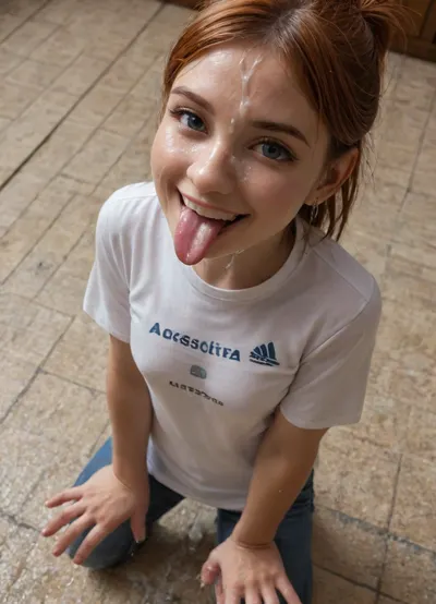 (Full lateral motion view from above:3), Petite skinny pale 18yo spanish woman in a sauna, (cumshot facial:1.8), (mouthful of cum:1.8), (wet t-shirt after piss session:1.8), (cumplay with fingers and tongue:1.8), kneeled, wet redhead ponytail hair, tanlines, very wet skin, detailed small blue eyes, (slightly smiling:2), tight jeans, adidas snickers, NEGATIVE_HANDS, from below, flat, chested, <lora:add-detail-xl:2>, <lora:flat_chested_v3.5:.8>, <lora:piss_in_mouth_deepmind:.8>