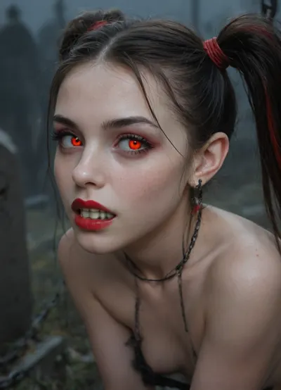 (((two 18 year old vampire girls))), midevil, glowing red eyes, black eyeshadow, sad face, closed mouth, one with black hair with rainbow hair, pigtails, red lipstick, vampire, vampire teeth, K-9 fangs, in a dark graveyard, bound in chains, tiny tight ass, pale skin, pale, skin, <lora:Pale_Skin_SDXL_v1.0:.8>, <lora:ahxl_v1:.8>, Subspecies, style, <lora:Subspecies style:.8>, Perfect, Fangs, fangs, sharp, teeth, fang, <lora:Unfazed vampire - XL SDXL V1.0:.8>, black, sclera, eyes, <lora:black sclera:.8>