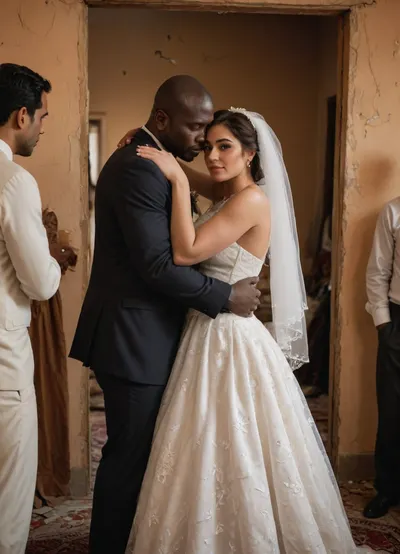 interracial gangbang slut bride, (((cuckold husband hugs the bride from behind))), .
super giant and large black dicks.
A raw wedding gangbang scene of an Iranian bride and cuckold groom in a Nigerian refugee camp. The bride wears a super secy slutty micro wedding dress, slightly dusty torn Persian dress, the groom is simply dressed. They stand before a broken, peeling door surrounded by cardboard mats and scattered belongings. Refugees in worn clothes watch quietly. The dusty, harsh environment contrasts with the couple’s tender moment, highlighting hope amid hardship. huge, cock, anime, hugest, man, ever, cumming, romantic_couple_poses, detailxl, <lora:255484_training_data:1.1>, <lora:1365620_training_data:1>, <lora:dAIversityUnderstandingXLRealistic:1.2>