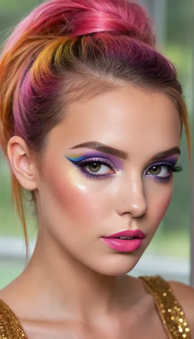 ziprealism, (smug, expressive eyes), (makeup model, extravagant makeup, glam makeup, bold makeup, glamorous esthetic, making a statement), (rainbow hair, multicolor hair, provocative hairstyle), (rainbow eyeshadow, rainbow eyeliner, vivid lipstick, heavy eyeshadow, shimmering eyeshadow, metallic eyeshadow, glittering blush:1.4), (rainbow face paint), (cheek dimples, sharp chin, chiseled cheekbones, triangular face, full lips), (hyper-feminine facial features), (medium closeup, professional lighting, award winning portrait, Dutch Angles), (sharp focus, focus on eyes, perfect eyes), vibrant colors, high saturation, catchlights, detailed eyes, (subtle freckles and skin imperfections:.4), sitting in front of window, streaming sunlight, off the shoulder, natural skin texture, soft bokeh, <lora:add-detail-xl:.8>