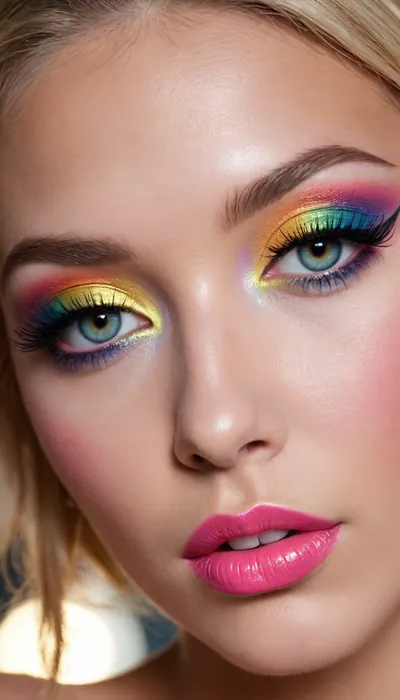 ziprealism, (smug, expressive eyes, breathtaking eyes), (makeup model, extravagant makeup, glam makeup, bold makeup, provocative snapshot esthetic, making a statement), (silky hair, provocative hairstyle), (rainbow eyeshadow, rainbow eyeliner, vivid lipstick, heavy eyeshadow, shimmering eyeshadow, metallic eyeshadow, glittering blush, long eyelashes:1.4), (rainbow face paint), (cheek dimples, sharp chin, chiseled cheekbones, triangular face, full lips), (hyper-feminine facial features), (medium closeup, professional lighting, award winning portrait, tight focal length, rule of thirds framing:1.2), (sharp focus, focus on lips, perfect eyes), vibrant colors, high saturation, catchlights, detailed eyes, (subtle freckles and skin imperfections:.4), sitting in front of window, streaming sunlight, off the shoulder, natural skin texture, soft bokeh, <lora:add-detail-xl:.8>