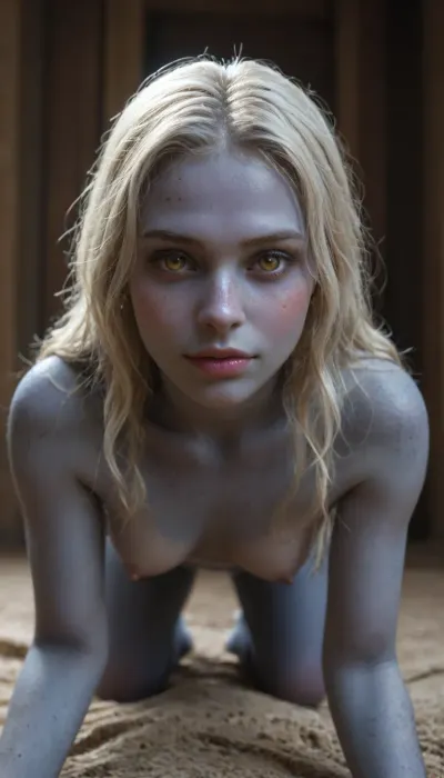 masterpiece, detailed, slender 21yo very cute girl, (dark blue skin:1.5), long white hair in a scrunchie, big red irises eyes, toned, naked, toned legs, arrogant look, feminine wide square face, blue lipstick, well build gymnastic body, fitness ass, sports legs, very lots of freckles face, very lots of freckles head, very lots of freckles body, sexy, beautifull, deeply seamless tanned, thigh gaps, shaved pussy, with a perfect face, detailed face, small lips, very much blush on the checks and nose, (raised nasal tip, upturned button nose, upturned nose, delicate nose, nose), (detailed hair, light hairstyle:1.1), no makeup, oiled skin, horny face, very cute big smile, loving hypnotized yellow eyes, ancient greek, on all fours, spread the leg's, in very_sexual model pose, she looks at the camera lovingly, dressed only wet white cotton toga, the fabric fits tightly to the body, hard nipples are visible through the fabric, gymnastic body, hypnotized loving eyes, blush on the cheeks and nose, lots of freckles face and skin, very happy smile, thick light brown curly sport s high ponytail hair, looking at you, (freckles:1.04), toga, <lora:toga:.5>, wide shot, medieval fantasy setting, whole body in frame, long toned legs, view from above, drow, hkstyle, <lora:RPGDrowXL:.5>, <lora:339100_training_data:.8>, <lora:hkstyleV5:.3>