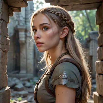 A 22-year-old elven woman with sharp, elegant elven ears and long beige hair tightly braided in a warrior’s style, stands inside a ruined underground chamber beneath a fallen castle, the space is cramped and filled with broken stonework, scattered debris, rusted tools, shattered wooden crates, and remnants of forgotten craftsmanship, she leans against a cold stone wall, her piercing eyes scanning the room with predatory curiosity, one hand gripping a short dagger, the other brushing dust off an ancient artifact half-buried in dirt, the air is thick with silence, lit only by the faint glow of bioluminescent fungi growing in the cracks, every surface tells a story — cracked masonry, faded banners, corroded metal, and cryptic symbols carved into the walls, cinematic lighting highlights her focused expression and tense posture, hyper-detailed textures, photorealistic style, 8K quality, fantasy concept art, trending on ArtStation, dark exploration mood with a sense of hidden danger, 4ng3l, face, <lora:SDXL_BetterFaces-LoRA_v1:.8>, side_view_perspective, <lora:side_view_perspective-10:.8>