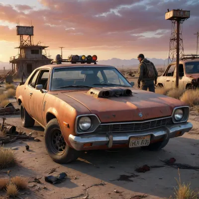 A post-apocalyptic gas station in the middle of a desolate wasteland, overgrown with weeds and covered in rust, broken pumps, shattered glass, bullet holes in walls, remnants of old cars abandoned nearby, a small group of young stalkers in their mid-20s carefully search the area — one crouches near a wrecked car inspecting old tools, another examines a broken fuel tank, while a third scans the horizon with binoculars from atop a ruined vehicle, they wear tactical vests, armored gear, gas masks, and carry modified weapons, several zombie-like figures in torn clothes stumble slowly in the distant background — decaying, slow-moving, but dangerous, dramatic lighting from a red-orange sunset casting long shadows, gritty atmosphere filled with dust, tension, and survival instinct, hyper-detailed textures on metal, rust, skin, and fabric, cinematic style, high detail, photorealistic rendering, 8K quality, trending on ArtStation, dark survival mood, wasteland exploration vibe, 4ng3l, face, <lora:add-detail-xl:.9>, <lora:SDXL_BetterFaces-LoRA_v1:.8>