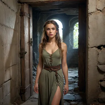 *A 22-year-old dryad with delicate elven-like ears and long braided earth-toned hair, exploring a narrow, claustrophobic dungeon corridor deep beneath a ruined castle, the tight stone tunnel is carved from ancient rock, with rough-hewn walls, damp cold floor, low ceiling, and complete isolation from any outside light, she holds a dim bioluminescent torch casting eerie greenish glow that flickers across the stone, revealing textures of aged walls, rusted chains, and crumbling carvings, at the very end of the passage, partially hidden in darkness, stands a single old wooden door — plain, unmarked, forgotten, oppressive atmosphere filled with shadows and dust, cinematic lighting focused on her determined expression and the distant door, hyper-detailed textures, photorealistic style, 8K quality, fantasy concept art, trending on ArtStation, grimdark dungeon exploration mood*, 4ng3l, face, <lora:SDXL_BetterFaces-LoRA_v1:.8>