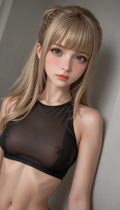 (Dinamic random photo angle and frame:1.8), (Realistic amateur photo), 8k, (candid photo), french amateur petite girl, 19yo, delicate natural beauty, blush, (bright green eyes with eyelashes and eyeliner), sharp face features, (balayage blonde long hair with bangs), pale oily skin, fit skinny body, tiny tits, narrow waist, fit abs, thin legs, (black see-through crop top and slutty miniskirt with upper g-string visible), realistic skin texture, realistic detailed face, night time, dark, happily aroused and excited. in luxurious living room., (extreme detailed face), (perfect teething), (hiperrealistic skin texture), detailed, freckles, tiny moles, big glossy lips, Caucasian woman, beautiful face, tan skin, horny expression, beautiful, perfect face, makeup, (overflowing cameltoe:1.5), (fat pussy), (dinamic pose:1.3), (overflowing vulva), (overflowing pusdy lips), waist, oiled skin, gorgeous, looking at viewer seductively, seductive eyes, model, topless, stockings and garters, waist shot, tan lines, black long hair, shy, blue eyes, (comically hyper puffy swollen vulva), rounded ass, large rounded breasts, nice pussy, perfect feminine Estonian face, seductive, (hair up in bun), <lora:add-detail-xl:.8>, <lora:jesalba_xl_1_standard_merger_29_60_83_05_02_03:.8>