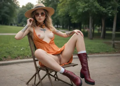 18 year old girl, English, long blond hair, light make up, perfect body, perfect tits, small hard nipples, very long legs, hairy pussy, bored, heavily tattooed, ((orange sun dress open chest)), white socks, maroon boots, sun glasses, neck scarf, hat, ((legs very wide open 1.8)), pussy exposed, sat on a chair, in a park, sunny weather, masterpiece, photo realistic