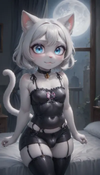 1femboy, ((furry silver point Siamese cat in latex lingerie in bedroom at night with moon in window and moonlight)), cat anthro, looking at viewer, ashamed, blushing, short soft silky fur, cats head, alone, makeup, ((very black)), horse cock, feminine, cute, curvy, thick ass, femboy dick outline bludge in pants showing, crystal blue eyes, innocent, young, seductive smile, <lora:FursuitXL:1>, <lora:Hegre-:.5>, long shimmering silver hair, Nude_woman-000001, .5>, black latex boyshorts, sex eyes, black nipples, shortstack cute, thick toned thighs, latex stockings, presenting, precum