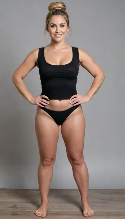 She is 45 years old female mom, wife, her height is 175cm., ((smokey blonde thick hair up fully in a messy bun)), .
long round oval face, nice closed smile, blue eyes, (small bust), Sun Tanned skin, fake tan.

Standing perfectly straight in view, facing the viewer, Female form, Palms facing the viewer, feet stood apart, arms to her side, ready to have a full body scan.
Standing on a flat plinth.
Standing on electric scales, presenting herself like a Human trophy.

Wearing tight blue jeans, loose black shirt with rolled up sleeves, with brown white bottom loafers, Before and after weight loss pic, side by side.

Blank black background, blank backdrop.

perfect hands, perfect feet, natural looking.
3D model t-pose pose for a game character file.
Crucifix style pose.

belly bulge, (little bit of cellulite), elegant woman, mature beauty, slim figure, light tiredness, realistic aging., (medium to full figure:1), (natural soft belly:1.1), (curvy body:1.2), (soft figure:1.2), real.

round wide hips, thin waist, thin thighs, slim legs, Full body, Realistic body detail and textures. Staring directly at the viewer, eye contact.
very, flash.
astonrichardsxl.