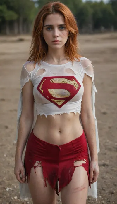8k, best quality, real picture, intricate details, ultra-detailed, ultra highres, depth field, (photorealistic), (red skirt), (realistic:1.2), masterpiece, photo of european girl, supergirl, (bruise, dirty, torn clothes, revealing clothes, blood:1.3), blue eyes, ginger hair, hair, (ripped cape), ripped pantyhose, superhero, solo, sun, blue sky, cut on cheek, midriff, realistic, photorealistic, (intricate details:1.2), (delicate detailed), (cinematic light), clear line, sharp focus, realistic face, detailed face, unity 8k wallpaper, ultra high res, (bruised face), (photorealistic:1.4), looking at viewer, B3y3, cuts, fullbody, on, face, back, bleeding, blood, <lora:Supergirl:1>