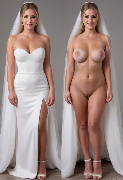 8K professional high-resolution photo, ultra-detailed, best quality, (photo-realistic, hyper-realism:1.2), clear image, detailed face, Incredible level of detail, Masterpiece, High contrast, perfect shadows, Mid journey, Gorgeous 27-year-old woman, welcoming smile, slender, (huge, naturally sagging 34E cup breasts:1.2), (hairy pussy, hairy bush:1.2), lots of freckles, (pixie cut blonde hair), wrinkles, realistic nipples, (Realistic skin with blemishes, pores, tan lines, wrinkles, and freckles:1), (2split views, identical_person, identical_body_proportions, identical_face, identical_body, identical_pose, identical_angle, onoff:1.4), (wearing a long wedding dress with long white veil and high heels, on:1.6), (completely naked after, off:1.6), onoff, full body view, simple dark blue and gray background, <lora:OnoffXL_ExtraCrispy:.8>, <lora:SDXLHighDetail_v6-000005:.5>