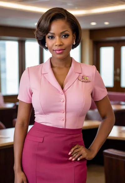 Flight attendant, ((black woman)), (buttoned pink uniform), (burgundy pencil skirt), short sleeves, brown hair in a bob cut, ((large breasts)), light pink lipstick, pearl earrings, confident pose