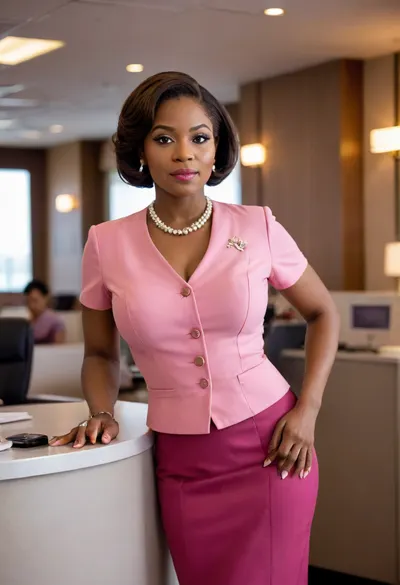 Flight attendant, ((black woman)), (buttoned pink uniform), (burgundy pencil skirt), short sleeves, brown hair in a bob cut, ((large breasts)), light pink lipstick, pearl earrings, confident pose