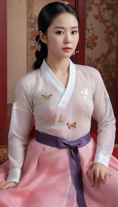 A realistic painting of a beautiful korean goddess wearing a sheer chiffon hanbok that reveals the shadow of her charming curves. Her black shiny hair is decorated with butterfly-shaped gemstone accessories. Her round and natural eyes sparkle like stars in the night. Her cheeks are soft and rosy like peaches. Her lips are as red as a cupid's bow. Her waist is slim but curvy. Her small breasts are towering high and her nipples perking. She sits on the red couch with her legs spread and one knee up like a masculine woman. Her skin is white and shiny. Her thighs are slender and smooth like white porcelain. Her bald pussy looks tight and narrow like a red thin line., hanbok, dangui, braless, Wearing, clothes, that, make, sense, with, Braless>, <lora:xl_more_art-full_v1:.8>, <lora:SDXL_Dangui_LoRA_beta4:.8>, <lora:bralessSDXL_v1_00022:.8>