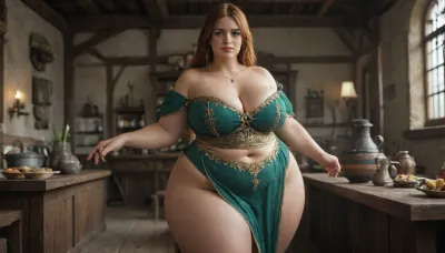Fat woman, massive ass, thick woman, (the woman is wearing sorceress clothes:1.7), hyper hips, thick hips, thick thighs, overweight woman, thicc woman, in a tavern full of adventurers, the woman is thick and fat and chubby and chunky and thicc