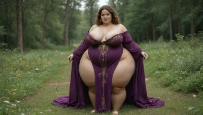 Fat woman, massive ass, thick woman, (the woman is wearing wizard robes:1.4), hyper hips, thick hips, thick thighs, overweight woman, thicc woman, in a meadow, the woman is thick and fat and chubby and chunky and thicc, a huge thicc fat woman