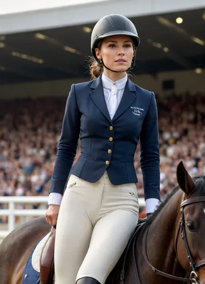 High quality image, photorealistic, super detailed, masterpiece, 8K, London show jumping competition. A Westphalian horse in a high jump over a barrier, a dark-haired rider in a helmet, her hair is tied in a ponytail with a rubber band, dark blue redingot, under the redingot the collar of a light-coloured shirt with a white tie, light-coloured breeches, black boots, against the background of the stadium, full-length photo, close-up, full-face view.