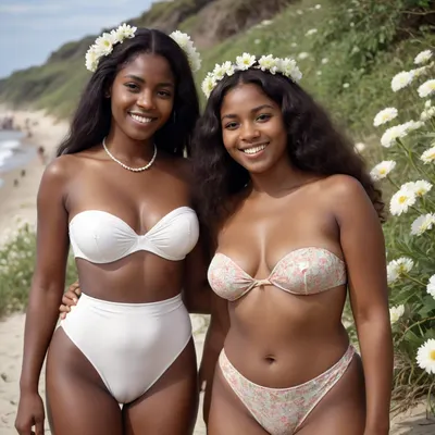 1960s, beach, couple of adult ebony 25 years old women in hippy style, topless, retro swimsuit, big saggy tits, curvy body, slutty smile, white flowers in very long hair