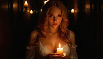 stunning beautiful gorgeous sexy young victorian woman, 18 years old, long strawberry blond hair, wearing a semi- transparent sexy nightgown, deep cleavage, in the, (((dark hallway))), of the mansion, (((she has the only candle in her hand))), that lights her way, Beautiful detailed face, (perfect eyes:1.1), (perfect skin:1.1), (perfect big breasts:1.1), (perfect body:1.1), (perfect hands:1.1), (perfect finger:1.1), (perfect fingernails:1.1), Photorealistic, RAW, analog, best quality, 8k, HD, DSLR, Fujifilm XT3, film grain, award winning, <lora:289505_training_data:.8>