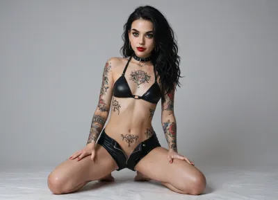 {exactly same caracters face, (same eyebrows), same eyes, same look, same mouth, same nose, same hair, 18 year old, narrow face, tattoos on face, green eyes, long legs, very long wavy black hair, small breasts, breasts covered in tattoos, long, hair color raven rainbow, (facial expression cute), light smile, (thin neck), (tattoo, many tattoos, arms tattoo, legs tattoo, stomach tattoo, shoulder tattoo), slutty, (full steel ring collar), (goth make-up), (red lipstick), nipple rings, full body tattoos, very minimalist leather top black bikini, no panties, leather unzipped black shorts pull down, wetlook}, LydiaB, <lora:909663_training_data:1.9>