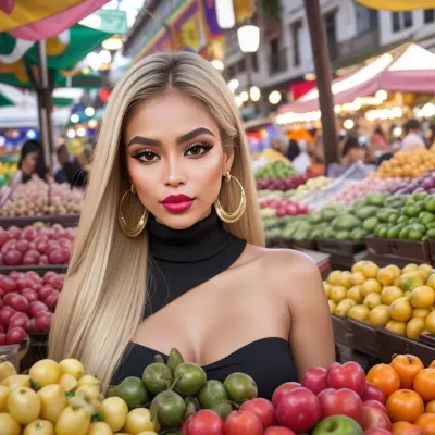A 30-year-old Brazilian woman influencer, fair skin tone, straight blonde hair of medium to long length parted in the middle, thick and well-defined dark eyebrows with an arched shape, large almond-shaped eyes with accentuated eyelashes, thin and straight nose, full and well-defined lips with light pink lipstick, oval face with prominent cheekbones, wearing small gold earrings and a black turtleneck top. Medium build, height 1.65m, authentic Brazilian features, complete makeup with emphasis on eyes and lips. She is shopping at a bustling Brazilian street market, (feira), surrounded by colorful fruit and vegetable stalls, local vendors, and typical market tents. The image is zoomed out to show more of the lively street environment, with people, market stands, and vibrant urban details. Highly detailed, professional photography, natural lighting, 8k resolution, photorealistic, instagram style.