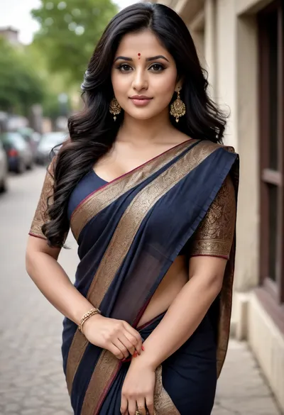 A beautiful Indian chubby bhabhi wearing modern saree, different color of saree, in different scenarios like laying, sitting, standing, working, in different angles, in different poses, different face, curvy body, big boob natural pose, ultra-realistic, photorealistic, full body, highly detailed skin texture, expressive dark brown eyes, symmetrical face, clean and voluminous black hair, perfect hands with five fingers, realistic finger positioning, elegant posture, detailed jeans texture, high-quality fabric, natural lighting, high contrast, 8k resolution, cinematic composition, sharp focus, professional fashion photography, confident expression, outdoor setting or American urban backdrop