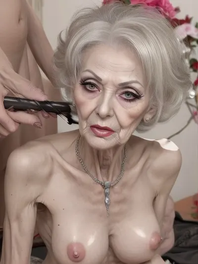 Skinny anorexic old slut, 90 years old granny, heavy makeup, false eyelashes, mascara, deepthroat, bukkake, gang bang, massive long floppy saggy tits
