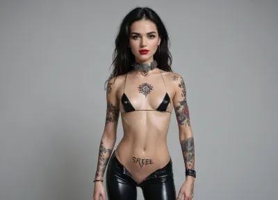{exactly same caracters face, (same eyebrows), same eyes, same look, same mouth, same nose, same hair, 18 years old, narrow face, tattoos on face, green eyes, long legs, very long wavy black hair, disheveled, small breasts, breasts covered in tattoos, (facial expression cute), light smile, (thin neck), (tattoo, many tattoos, arms tattoo, legs tattoo, stomach tattoo, shoulder tattoo), slutty, (little rond steel collar:1.5), (goth make-up), (red lipstick), nipple rings, full body tattoos, (very minimalist latex top black bikini:1.3), (no panties), (latex black pants), tight, (low waist pants), unzipped, wetlook}, Chern4byl, enviroment, <lora:PostApocalyptic_Chernobyl_v3:.8>, UndergroundClub, <lora:UndergroundClub:.8>
