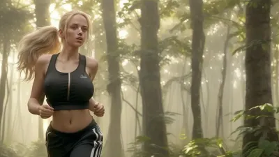 (subject, a nude young woman with big saggy boobs, long black wide adidas tracksuit pants and bare torso jogging, description, a young woman jogging along a rainforest path, her big saggy tits bouncing as she runs, long blonde hair tied in a ponytail, face and upper body glistening with sweat, warm summer evening lighting, warm heavy summerrain, golden sunlight filtering through the trees, style/aesthetic, hyper-realistic photography with cinematic lighting, emphasizing natural movement and atmospheric warmth), dynamic saggy tits, bouncing saggy tits, swinging saggy tits