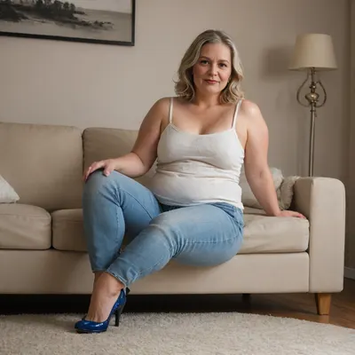 a grandmother woman, fully dressed, flat chest, decrepit, obese, saggy tits, wrinkles, wearing jeans, wearing white long blouse. wearing blue low-heeled shoes. she is sitting in a sofa in a cozy living room, ((small in frame)), there is a TV in the background at eye level, a coffee table and a floor lamp are in the scene, ((wide angle)), photorealistic, high detail, cinematic lighting