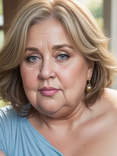 (obese:1.5), mature Woman named Lubica, stepaunt, gilf, fat, bbw, 65 year old mature women, brown hair with layered highlights, bright blue eyes, looking at viewer, ruddy cheeks, wrinkles, Chubby, Plump, Fat, Rolls, ultra realistic professional photography, detailed skin, detailed eyes, wrinkled face, (stretchmarks), RAW photo, subject, (fine skin detail:1.1), 8k UHD, soft lighting, high quality, film grain, Fujifilm XT3