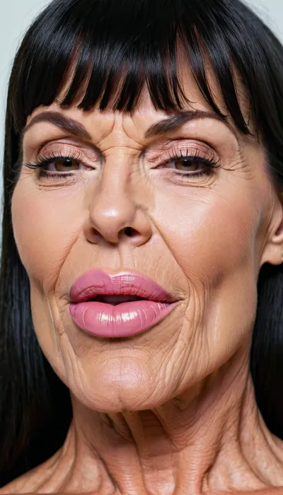 side view face, shiny black very long blunt bangs hair, much muscle stiration, bigger lips, big mouth, strong big botox lips, close up mouth, naked happy swedish muscle milf, wrinkled face, old wrinkled body, just side view face, pink lips, boobs, closing her broad mouth, wide lower jaw