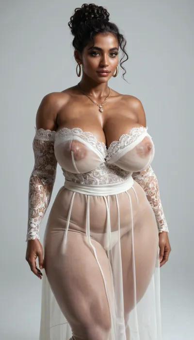 BBW extremely chubby African women, hyper colossal boobs, extremely large areola, extremely huge puffy nipple, extreme hyper colossal round butts, butts wider and larger than torso, thin waist, muscular abs, she wears an Indian wedding fashion off shoulder gown without underwear, see through, on Indian wedding function, front view