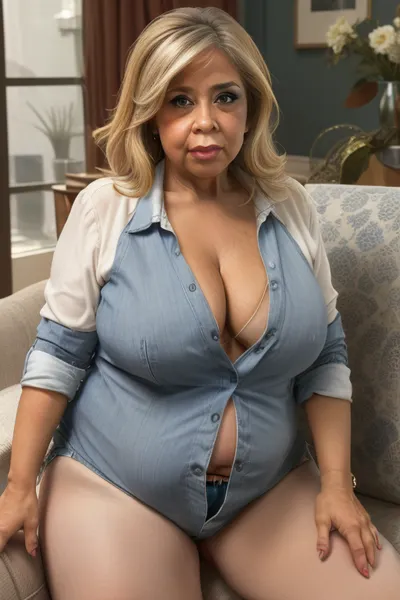 A 65 year old, American, gilf, mature, (obese:1.6), fully clothed, standing at the front of a couch in her living room, her gaze focused intently on the viewer as she holds her breasts. She has bright blue eyes. She is dressed in a professional, bent over to show her deep cleavage. Highwaist jeans. She has wide hips. The camera angle is from below, looking upward, giving the viewer a downblouse perspective. Her attire suggests authority and experience with a hint of feminine appeal. The room is well-lit. Long Brunette hair with highlights. Her hair is pulled back into a bun, a few strands framing her face, adding to her intellectual allure. She has wrinkles on her face, mature face. The focus of the image is the subtle, yet deliberate, way the light plays across her chest, illuminating the gap between her buttons, while still maintaining a sense of decorum appropriate for an home environment. The overall scene is a nuanced portrayal of a woman who is sexy and seductive, balancing her sexiness with a discreet nod to her mature beauty, portrait, bokeh, super saggy tits, wide hips, adventure, xxevais, perfect, eyes, detailed, skin, blemish, fupa, downblouse, nipslip, <lora:xxevais-16:.5>, <lora:polyhdron_all_in_one_eyes_hands_skin_fin:.1>