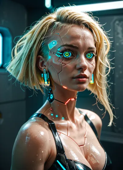 blonde, cyberpunk, remade in slut robot, extreme body modification, heavy body remodelling, brainwashing, light outlines body shapes, extremly dark ambiance
