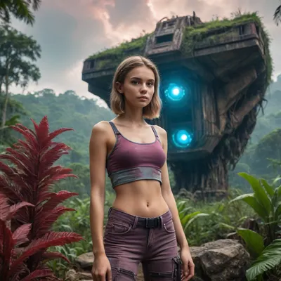 Skinny 18yo girl posing against divinely beautiful full color image fantastic jungles, bio-energy projector, alien strange landscape, alien artifacts ruins. Ruby clouds. Era of space travels, cinematic atmosphere. cinematic. Combat weapons.
