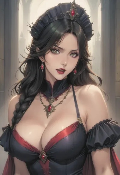 (Fool's art style), (ai_generated anime_style:1.4), official art, anime style, hard_outline, strong_outline, clear black outline, sexy pose, mature woman, beautiful girl drawn in anime style, dramatic gothic horror portrait, (vampire queen in elaborate medieval-style costume:1.4), . She wears an ornate headdress adorned with emerald green stones and coral gems, complemented by matching layered necklaces and arm cuffs. She's pale skin contrasts with dark eye makeup and, (bloody vampire fangs:1.4), . close-up shot with moody side lighting against a dark background, sinister supernatural atmosphere. She wears a red bodice with ornate green and gold trim, overall, (color palette emphasizes dark tones with rich emerald green and deep red accents:1), perfect fingers, style anime, inspired illustration, style oda_non, style homare, looking at viewer, dynamic camera, hard shadows, backlite, tight shot, face focus, <lora:cartoon_stickers_xl_v1:.8>, <lora:AnimatedNightmaresStyle:.8>, <lora:style61-a31-000015:2>, <lora:EnvyStylizedXL01:1.2>